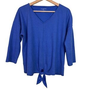 Talbots Petite Large Blue Textured V Neck Tie Front 3/4 Sleeve Top LP